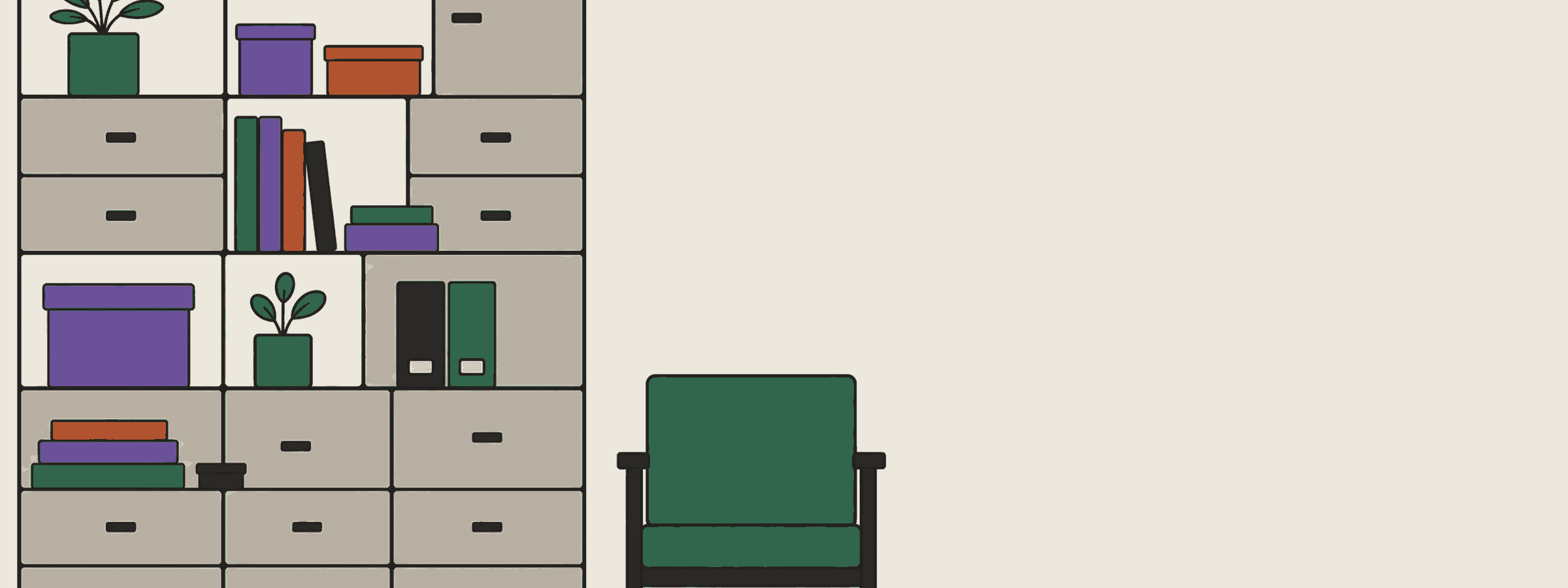 A wide, spare interior: a wall of drawer units to one side, a chair, and a large area of empty space.