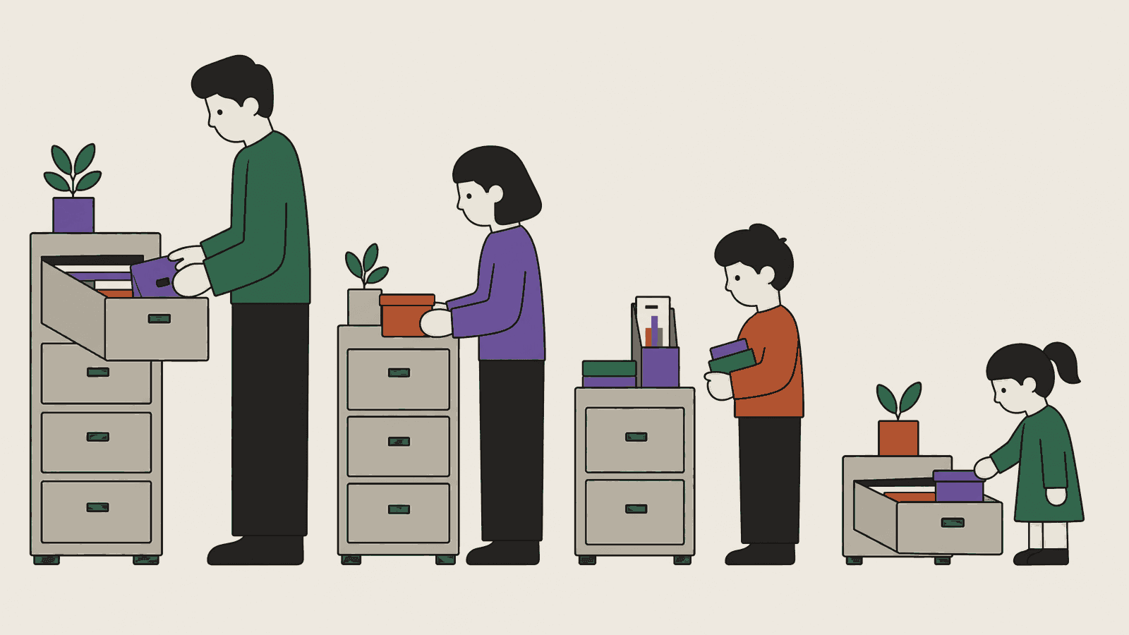 Four illustrated figures of different heights, each standing beside their own drawer unit.