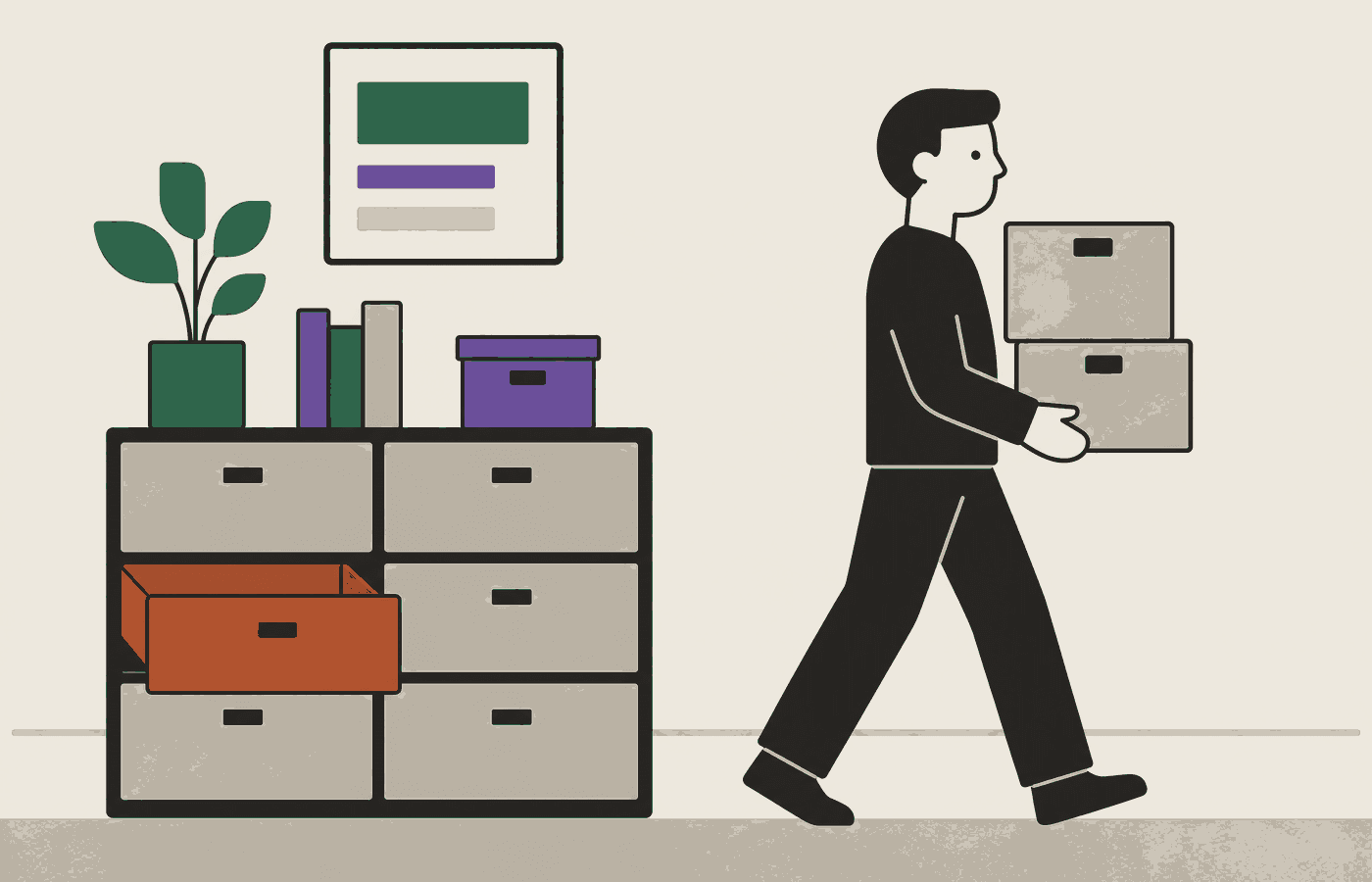 An illustrated figure carrying stacked boxes away, with one drawer unit left behind, a single drawer still open in it.