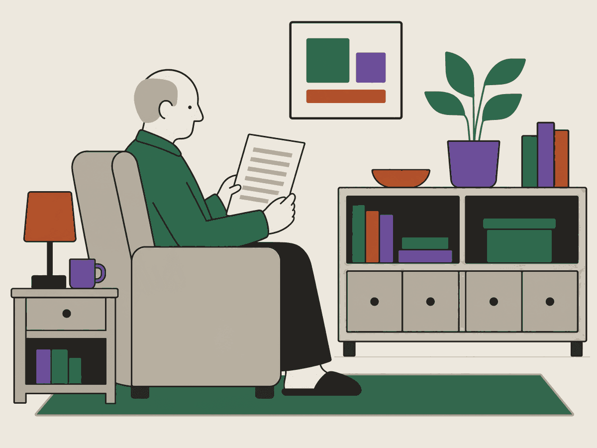 An older illustrated figure in an armchair holding a sheet of plain bars at reading distance.