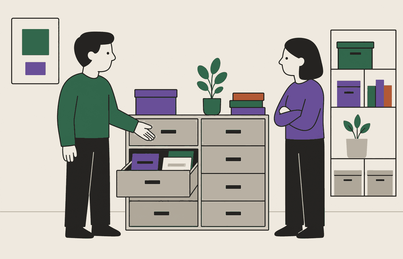 Two illustrated figures talking beside a shared drawer unit, one gesturing at an open drawer.
