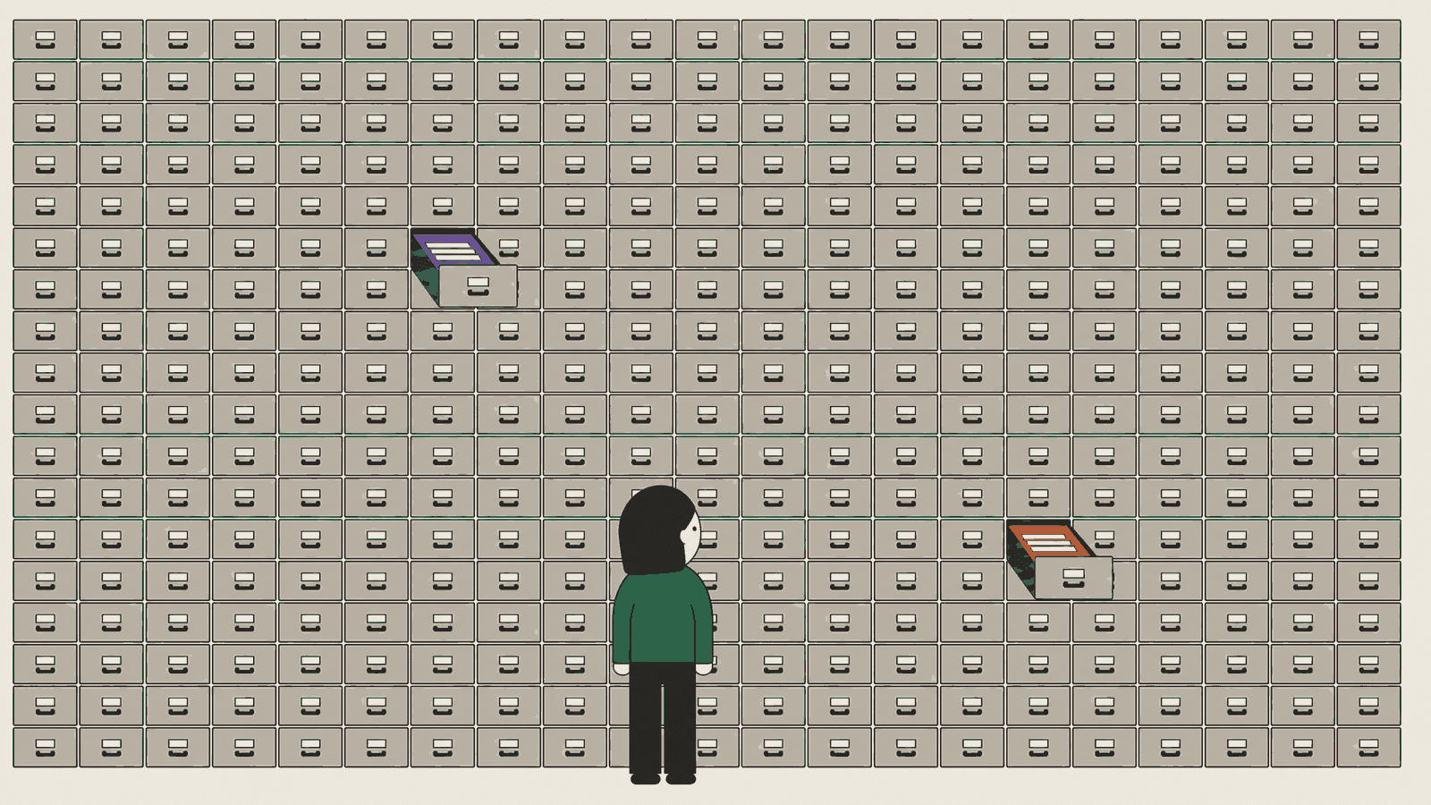 A small illustrated figure seen from behind, dwarfed by an enormous wall of hundreds of small drawers, two of them open.