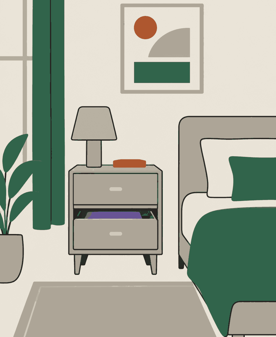 A small bedside unit of two drawers with a lamp on top, the lower drawer slightly open.