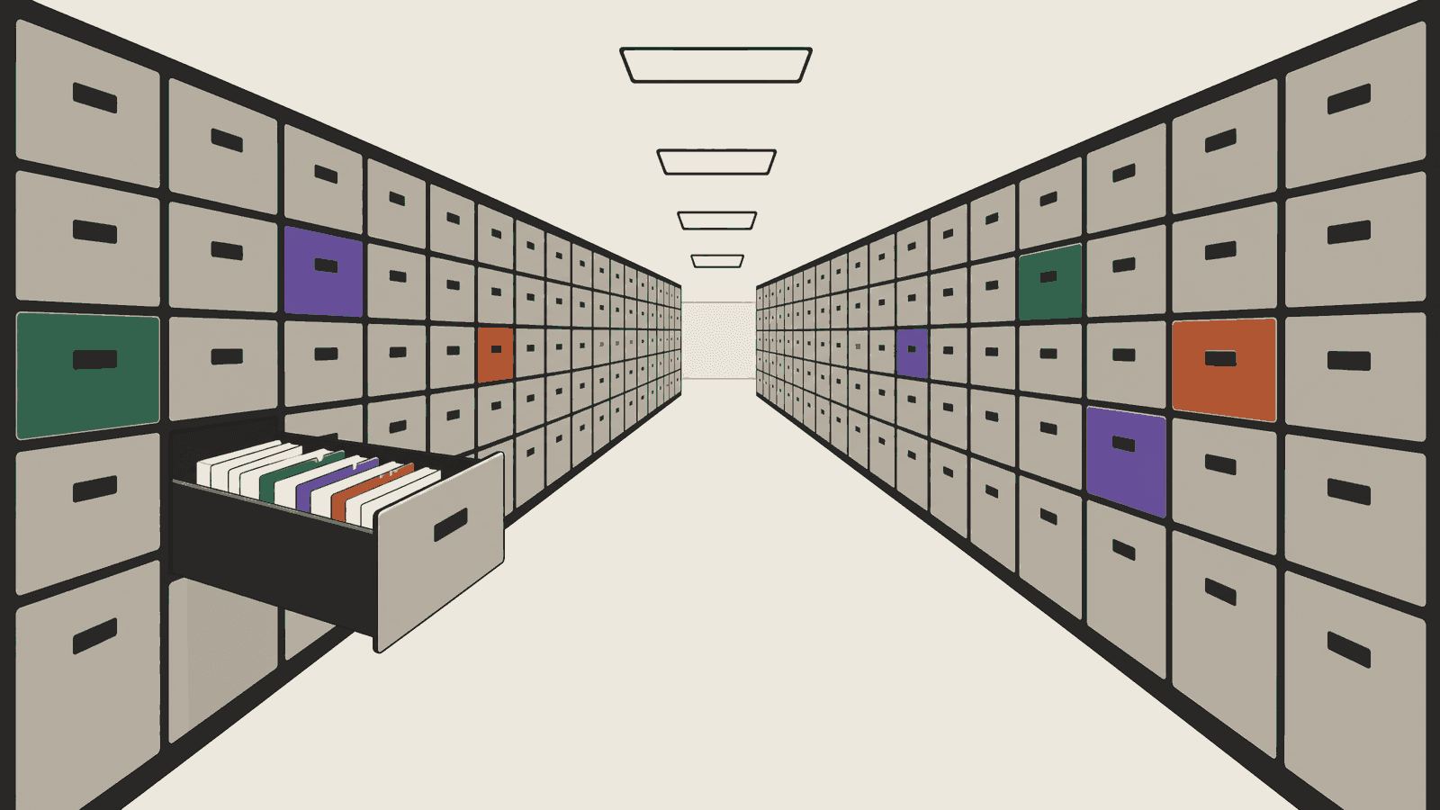 A corridor lined on both sides with cabinets of small drawers receding into the distance, one open near the front.