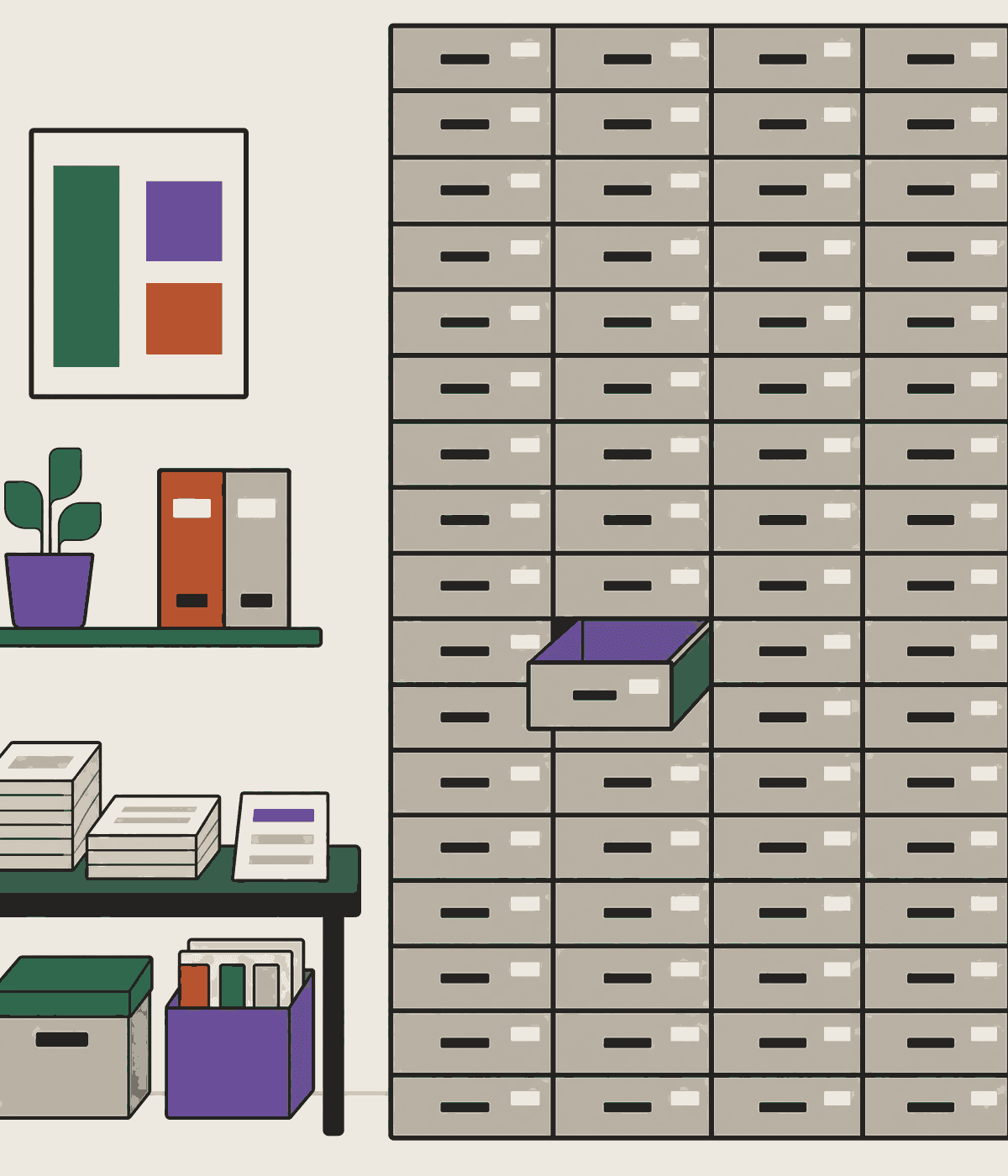 A tall wall of narrow filing drawers, one near the middle pulled out.