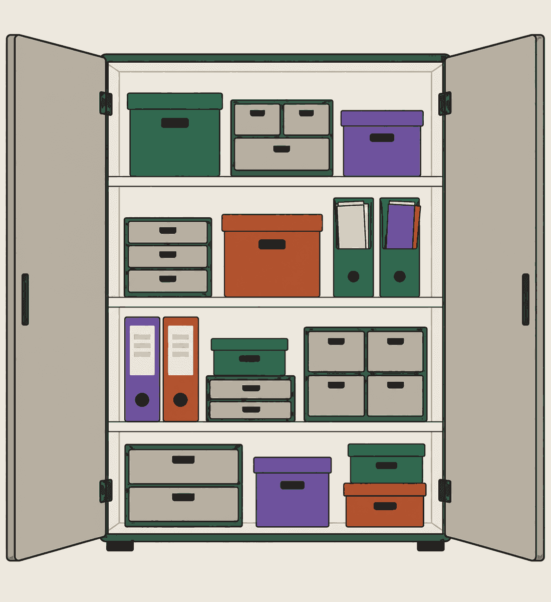 A cupboard with both doors open, its shelves holding boxes and small drawer units.